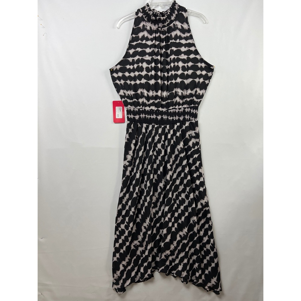 Allison Joy Jessa Maxi Dress Womens XL Black White Smocked Mock Neck Handkerchf
